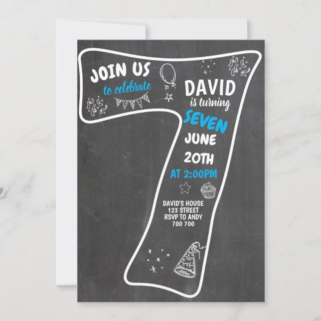 7th Birthday Boy Chalkboard Blue Number Invitation (Front)