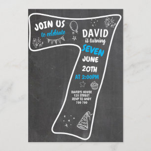 7th Birthday Boy Chalkboard Blue Number Invitation