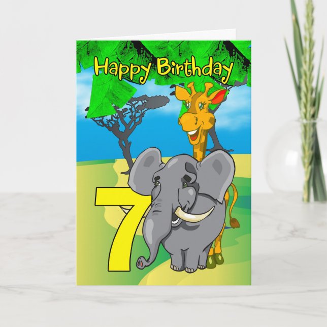 7th Birthday Card - Elephant, Giraffe, Jungle 7th (Front)