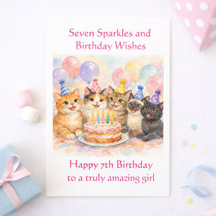 7th Birthday Card for Girls Festive Cat Party 