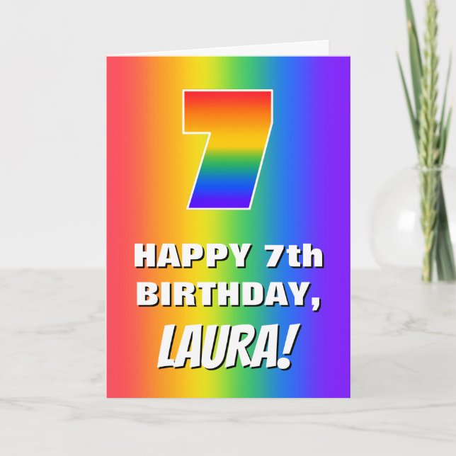 7th Birthday: Colourful, Fun Rainbow Pattern # 7 Card (Front)