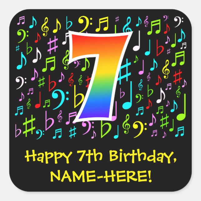 7th Birthday: Colourful Music Symbols, Rainbow 7 Square Sticker (Front)