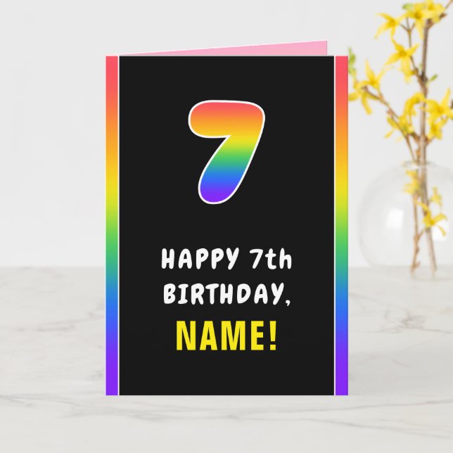 7th Birthday: Colourful Rainbow # 7, Custom Name Card (Yellow Flower)