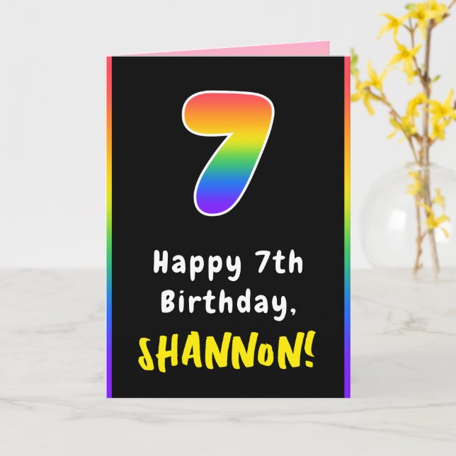7th Birthday: Colourful Rainbow # 7, Custom Name Card (Yellow Flower)
