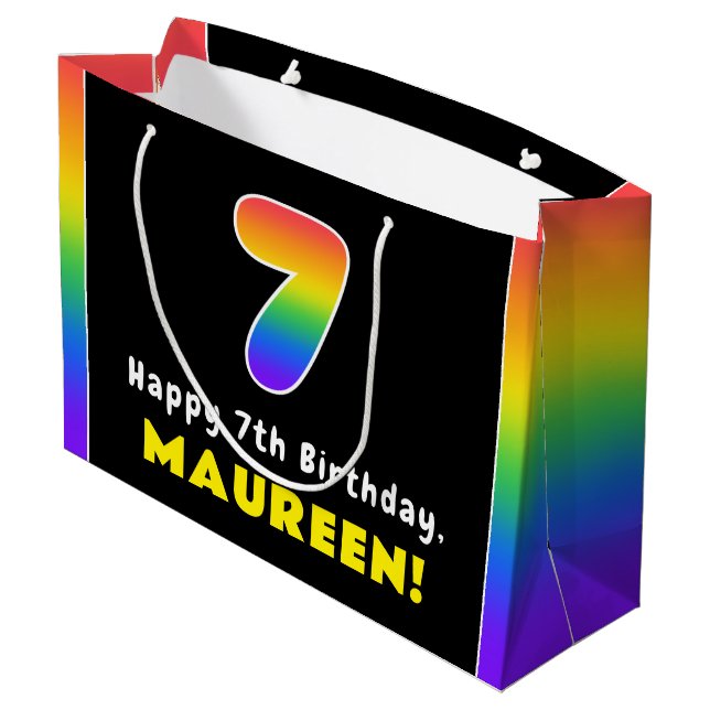 7th Birthday: Colourful Rainbow # 7, Custom Name Large Gift Bag (Back Angled)