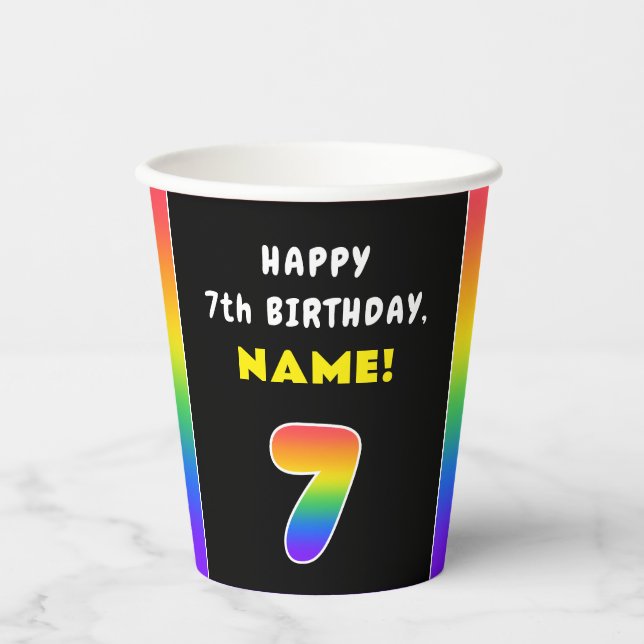 7th Birthday: Colourful Rainbow # 7, Custom Name Paper Cups (Front)