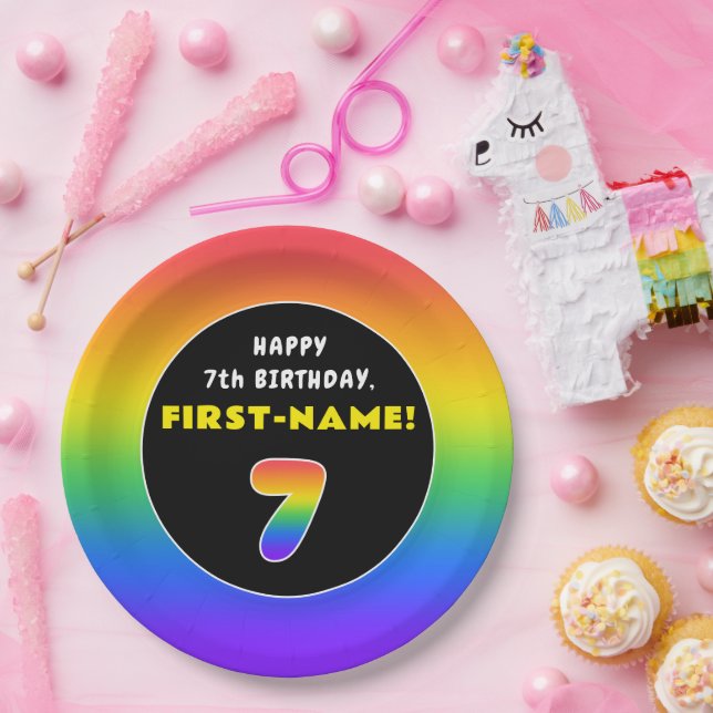 7th Birthday: Colourful Rainbow # 7, Custom Name Paper Plate (Party)
