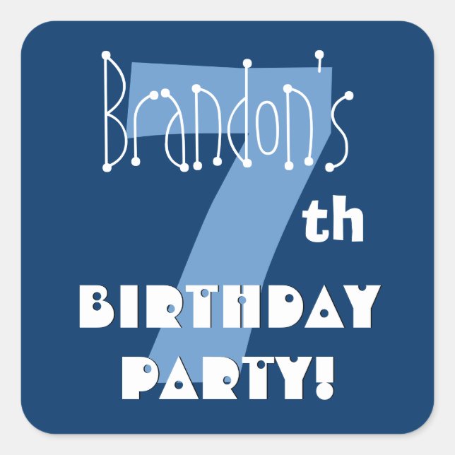 7th Birthday Custom Name Navy and Baby Blue Square Sticker (Front)