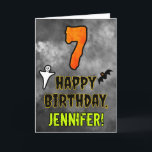 7th Birthday: Eerie Halloween Theme   Custom Name Card<br><div class="desc">The front of this scary and spooky Halloween themed birthday greeting card design features a large number “7” and the message “HAPPY BIRTHDAY, ”, plus a customizable name. There are also depictions of a ghost and a bat on the front. The inside features a customized birthday greeting message, or could...</div>