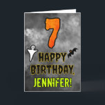 7th Birthday: Eerie Halloween Theme   Custom Name Card<br><div class="desc">The front of this scary and spooky Halloween themed birthday greeting card design features a large number “7” and the message “HAPPY BIRTHDAY, ”, plus a customizable name. There are also depictions of a ghost and a bat on the front. The inside features a customized birthday greeting message, or could...</div>