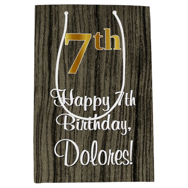 7th Birthday: Elegant Faux Gold Look #, Faux Wood Medium Gift Bag (Front)
