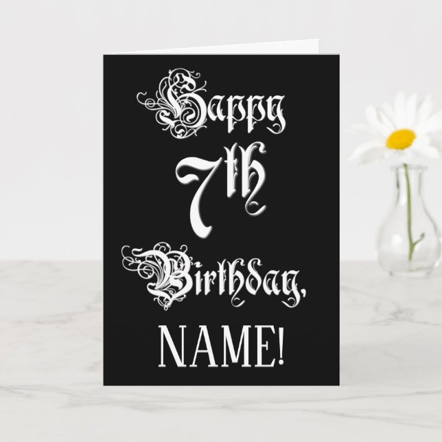 7th Birthday: Fancy, Elegant Script + Custom Name Card (Small Plant)