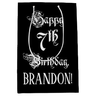 7th Birthday: Fancy, Elegant Script + Custom Name Medium Gift Bag