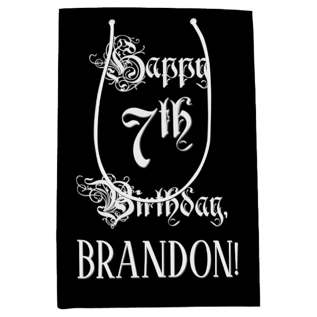 7th Birthday: Fancy, Elegant Script + Custom Name Medium Gift Bag (Front)