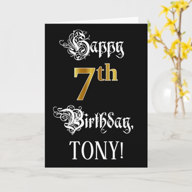 7th Birthday — Fancy Script; Faux Gold Look; Name Card (Yellow Flower)
