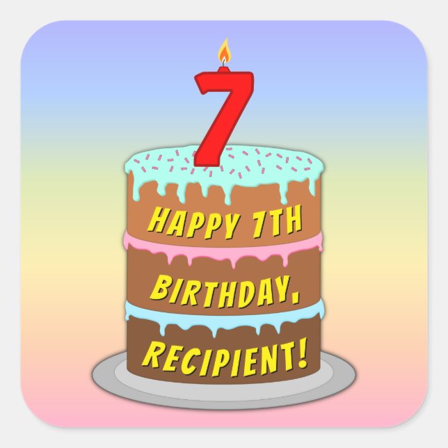 7th Birthday: Fun Cake and Candle + Custom Name Square Sticker (Front)