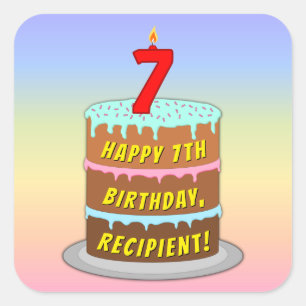 7th Birthday: Fun Cake and Candle + Custom Name Square Sticker