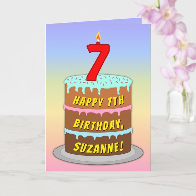 7th Birthday — Fun Cake & Candle, With Custom Name Card (Orchid)