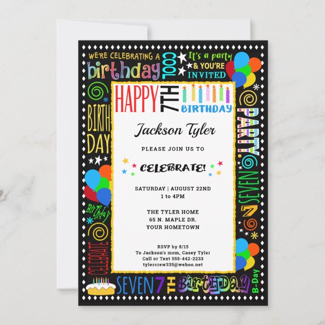 7th Birthday Fun Colour Crazy Text on Black Party Invitation (Front)