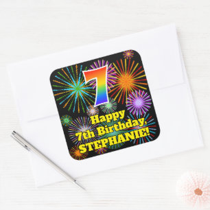 7th Birthday: Fun Fireworks Look, Rainbow # 7 Square Sticker