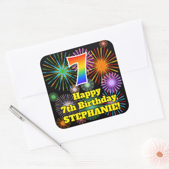 7th Birthday: Fun Fireworks Look, Rainbow # 7 Square Sticker (Envelope)