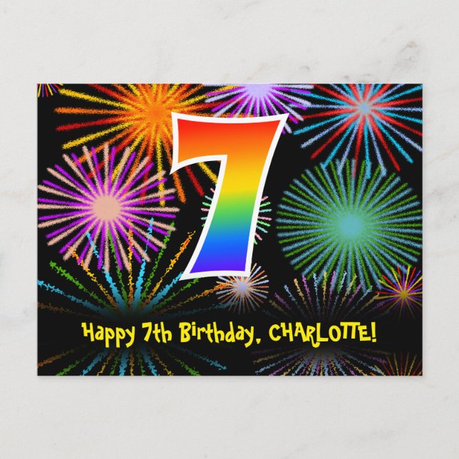 7th Birthday – Fun Fireworks Pattern + Rainbow 7 Postcard (Front)