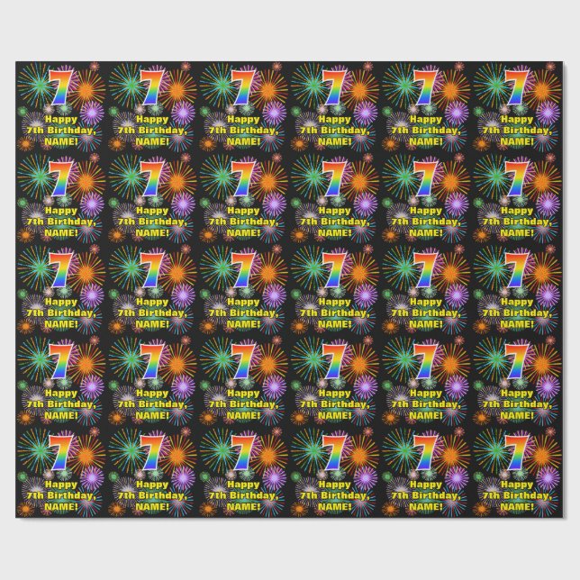 7th Birthday: Fun Fireworks, Rainbow Look # “7” Wrapping Paper (Flat)