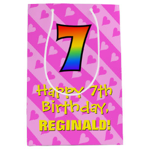 7th Birthday: Fun Pink Hearts Stripes & Rainbow 7 Medium Gift Bag