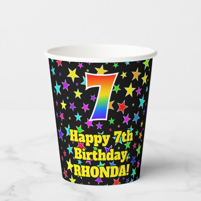 7th Birthday: Fun Stars Pattern and Rainbow 7 Paper Cups (Back)
