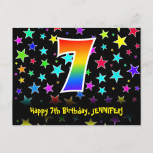 7th Birthday: Fun Stars Pattern, Rainbow 7, Name Postcard
