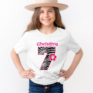 7th Birthday Girl Hot Pink & Black Zebra Pattern T-Shirt