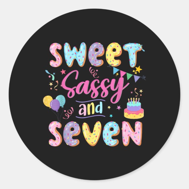 7th Birthday Girl Sweet Sassy And Seven Doughnut 7 Classic Round Sticker (Front)