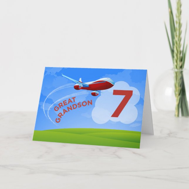 7th Birthday, Great Grandson, Red Airplane Card (Front)