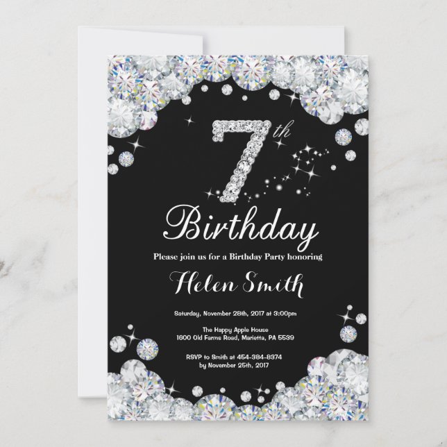 7th Birthday Invitation Chalkboard Silver Diamond (Front)