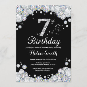 7th Birthday Invitation Chalkboard Silver Diamond