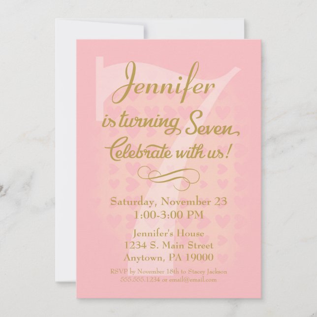 7th Birthday Invitation Girls Pink Gold Hearts (Front)