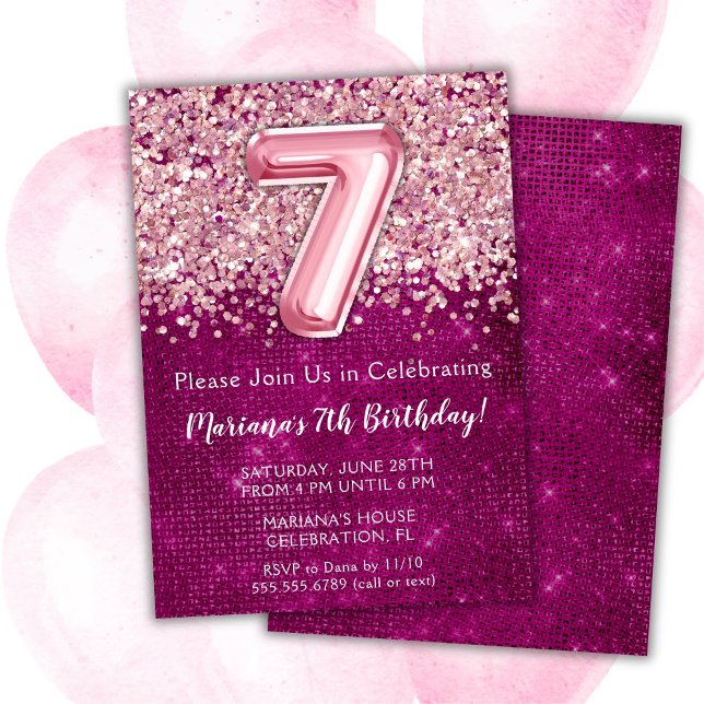 7th Birthday Invitation Girly Magenta Pink Glitter (Creator Uploaded)