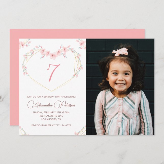 7th birthday invitations Boho Floral Photo (Front/Back)