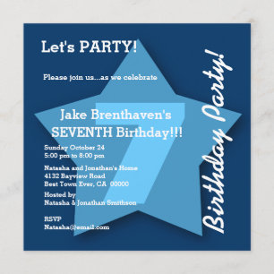 7th Birthday KIDS Seven Year Old Big Blue Star K07 Invitation