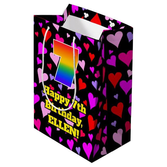 7th Birthday: Loving Hearts Pattern, Rainbow # 7 Medium Gift Bag (Back Angled)