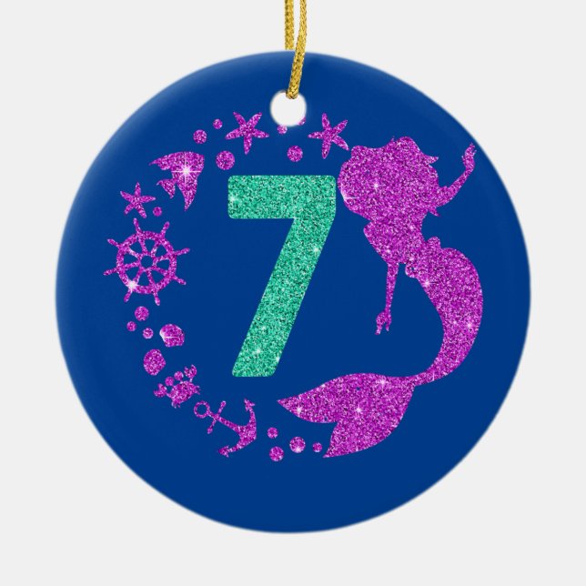 7th Birthday Mermaid Girl Seven Years Old 7  Ceramic Ornament (Front)