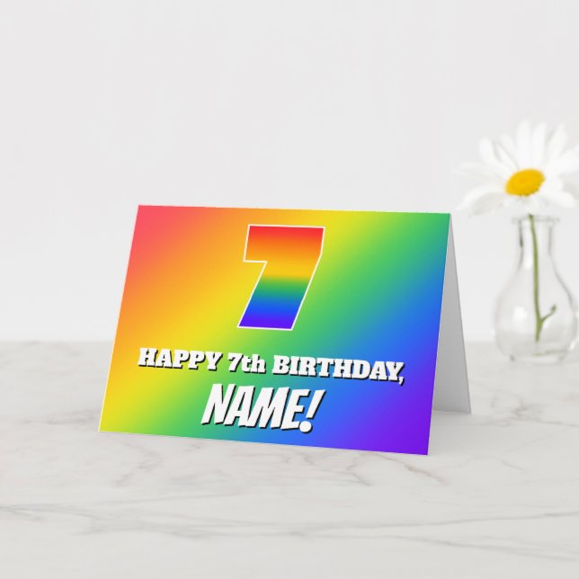 7th Birthday: Multicolored Rainbow Pattern # 7 Card (Small Plant)