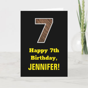 7th Birthday: Name, Faux Wood Grain Pattern "7" Card