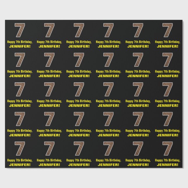 7th Birthday: Name & Faux Wood Grain Pattern "7" Wrapping Paper (Flat)