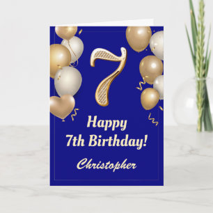 7th Birthday Navy Blue and Gold Balloons Confetti Card