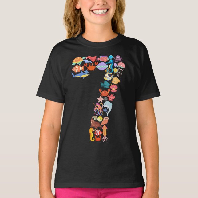 7th Birthday Ocean Sea Animals Theme 7 Year Old  T-Shirt (Front)