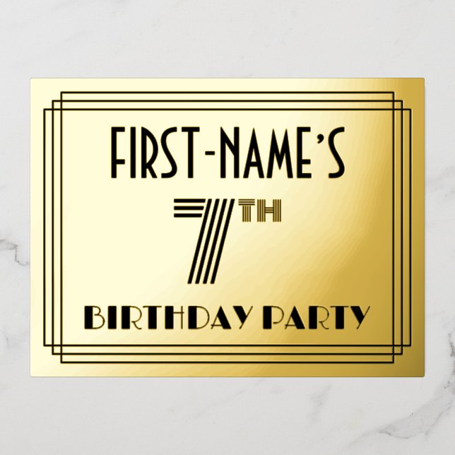 7th Birthday Party ~ Art Deco Style “7” + Name Foil Invitation Postcard (Front)