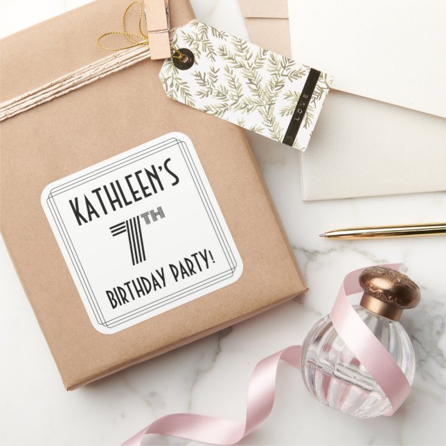 7th Birthday Party: Art Deco Style + Custom Name Square Sticker (Gifting)