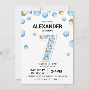 7th Birthday Party, Blue and Gold Balloon Boy Invitation