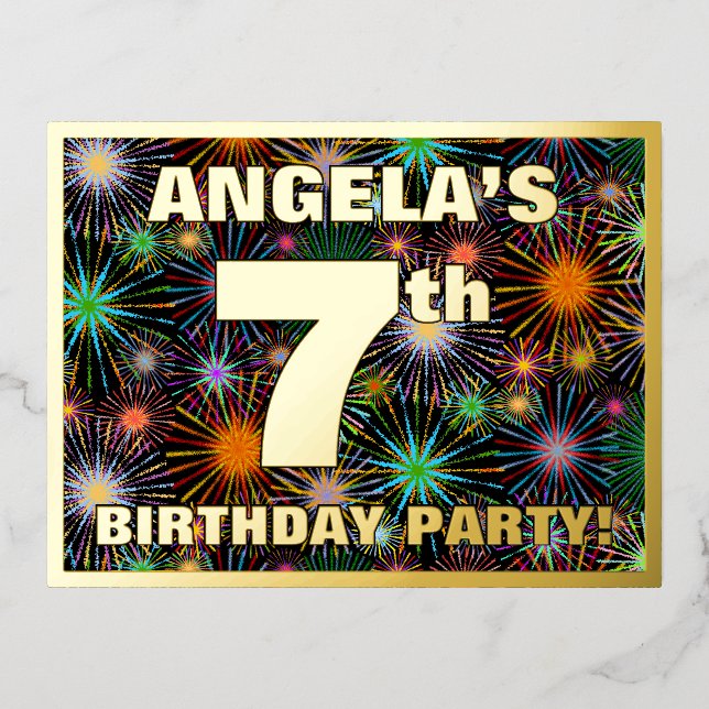 7th Birthday Party: Bold, Colourful Fireworks Look Foil Invitation Postcard (Front)